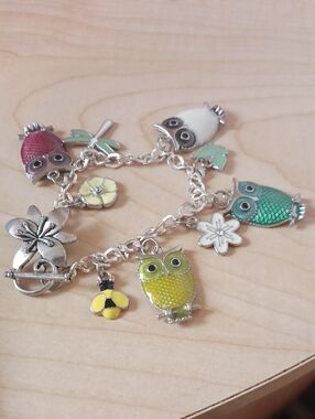 Source Unknown Multicolor Owl Charm Bracelet - Green, Yellow, Red, Teal, White
